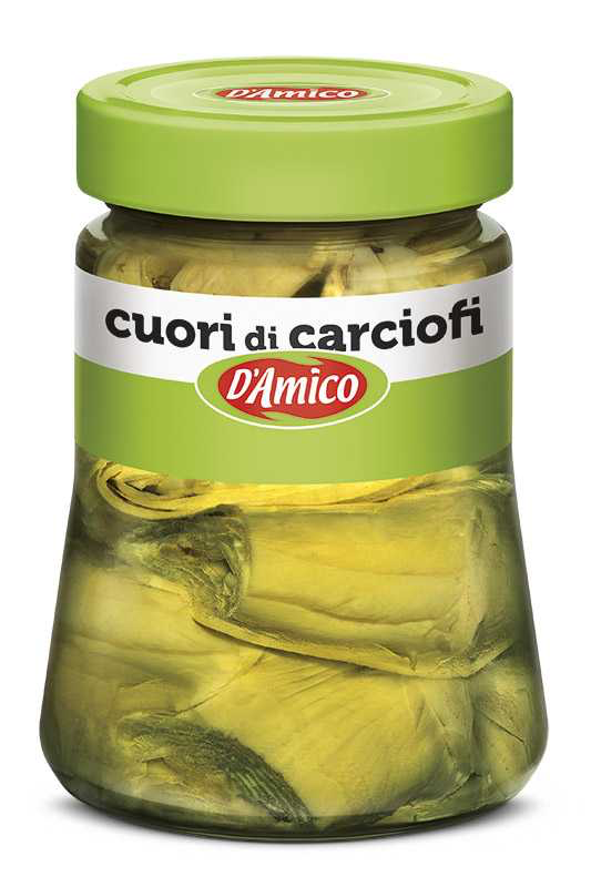 Jar of D'Amico artichoke hearts on a white background