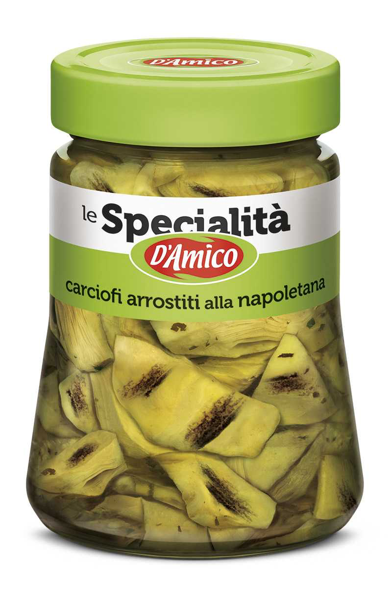 Jar of D'Amico artichokes roasted napoletana style on a white background