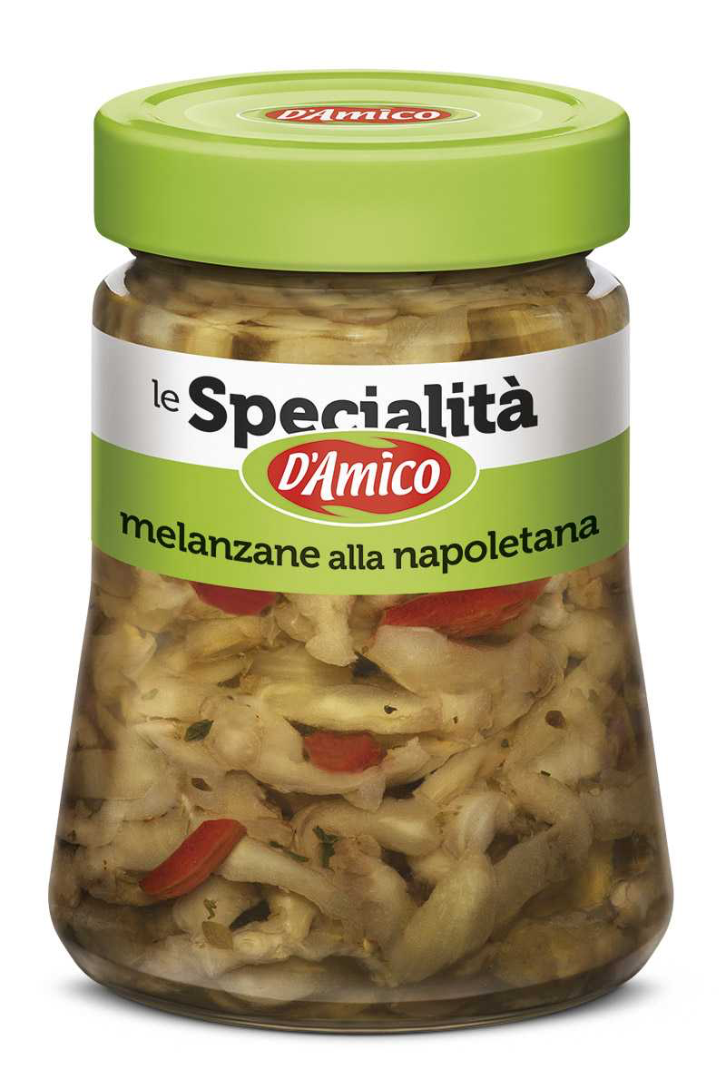 Jar of D'Amico Napoli-style eggplant on a white background