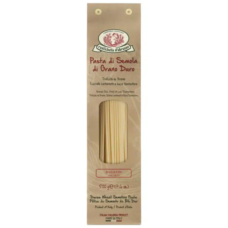 Pasta package with brand logo and product details on a white background