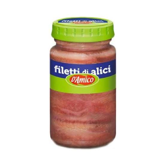 Jar of 'Filetti di Alici D'Amico' on a white background