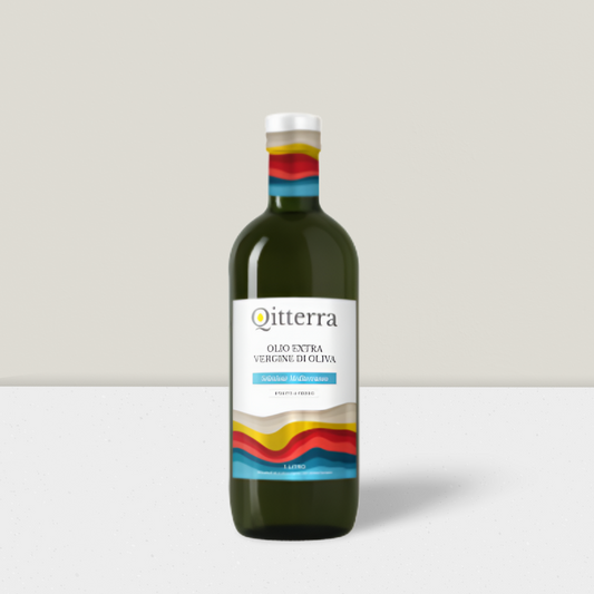 Bottle of Oitterra olive oil with a colorful label on a white background