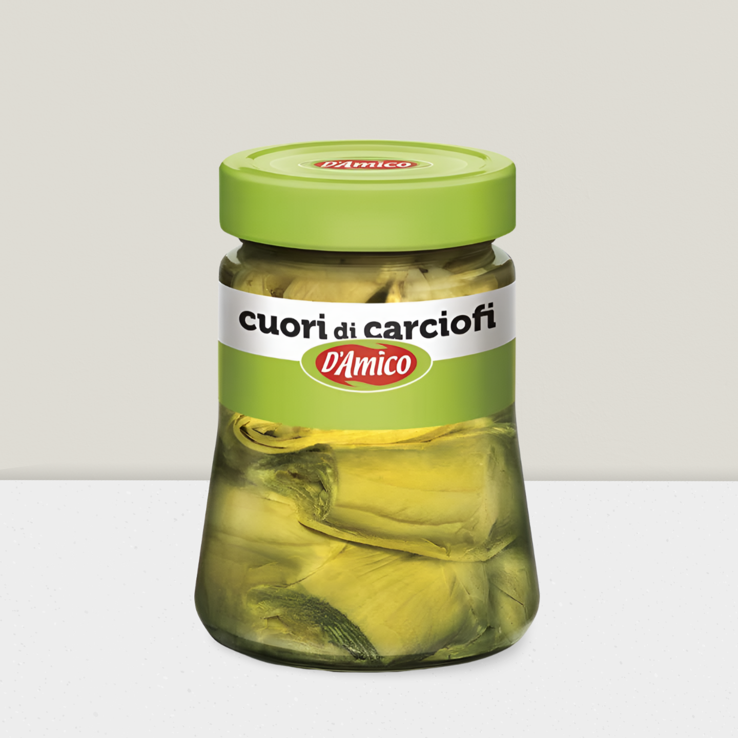 Jar of D'Amico brand artichoke hearts on a white background