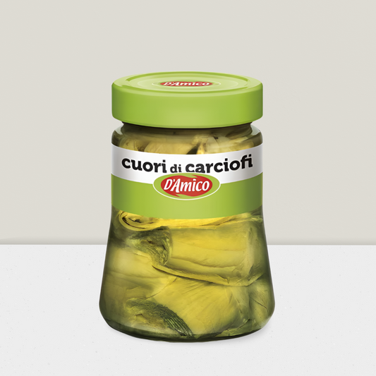 Jar of D'Amico brand artichoke hearts on a white background