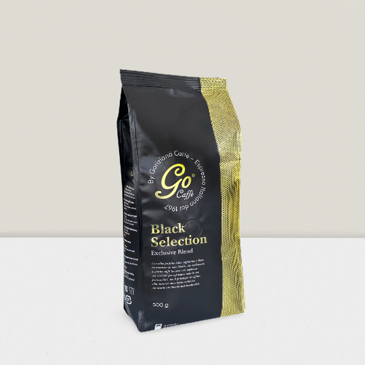 Black coffee bag with gold accents featuring 'Go Cafe' on a light gray background
