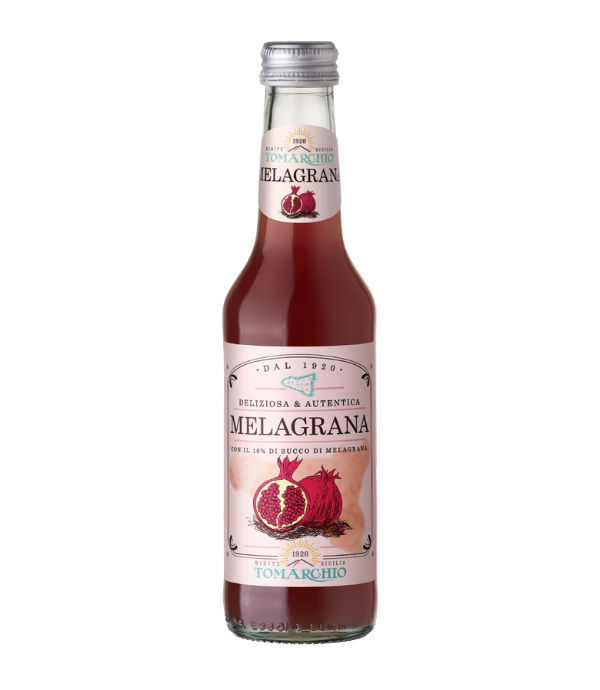 Bottle of Melagrana juice with a pomegranate label on a white background