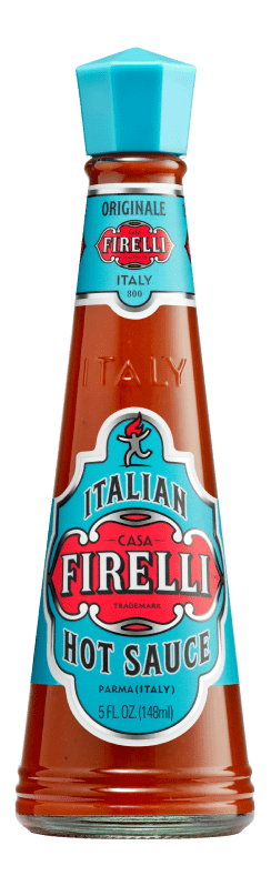 Firelli hot sauce bottle with blue cap and label on a transparent background
