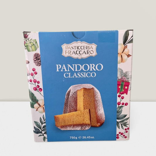 Pasticceria Fraccaro Pandoro Classico packaging with a blue background and festive design.