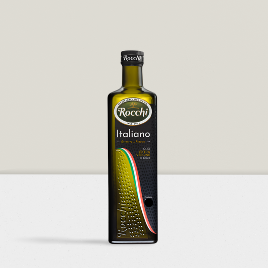Bottle of Rocchi Italiano olive oil on a white background
