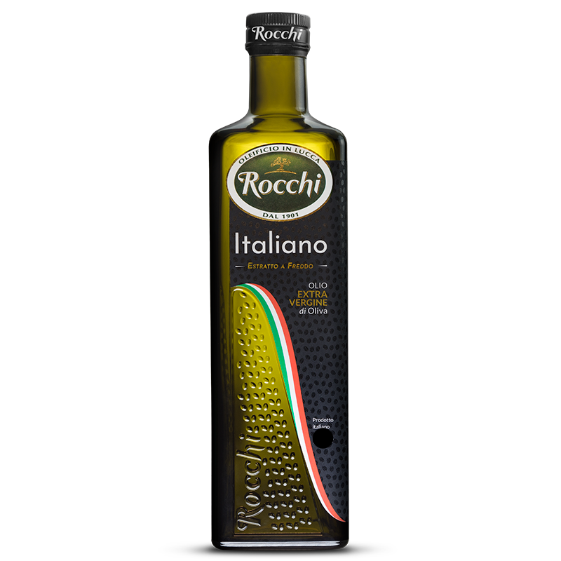 Bottle of Rocchi Italian olive oil on a white background