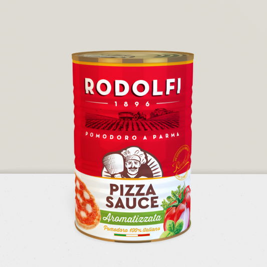 Can of Rodolfi pizza sauce on a white background