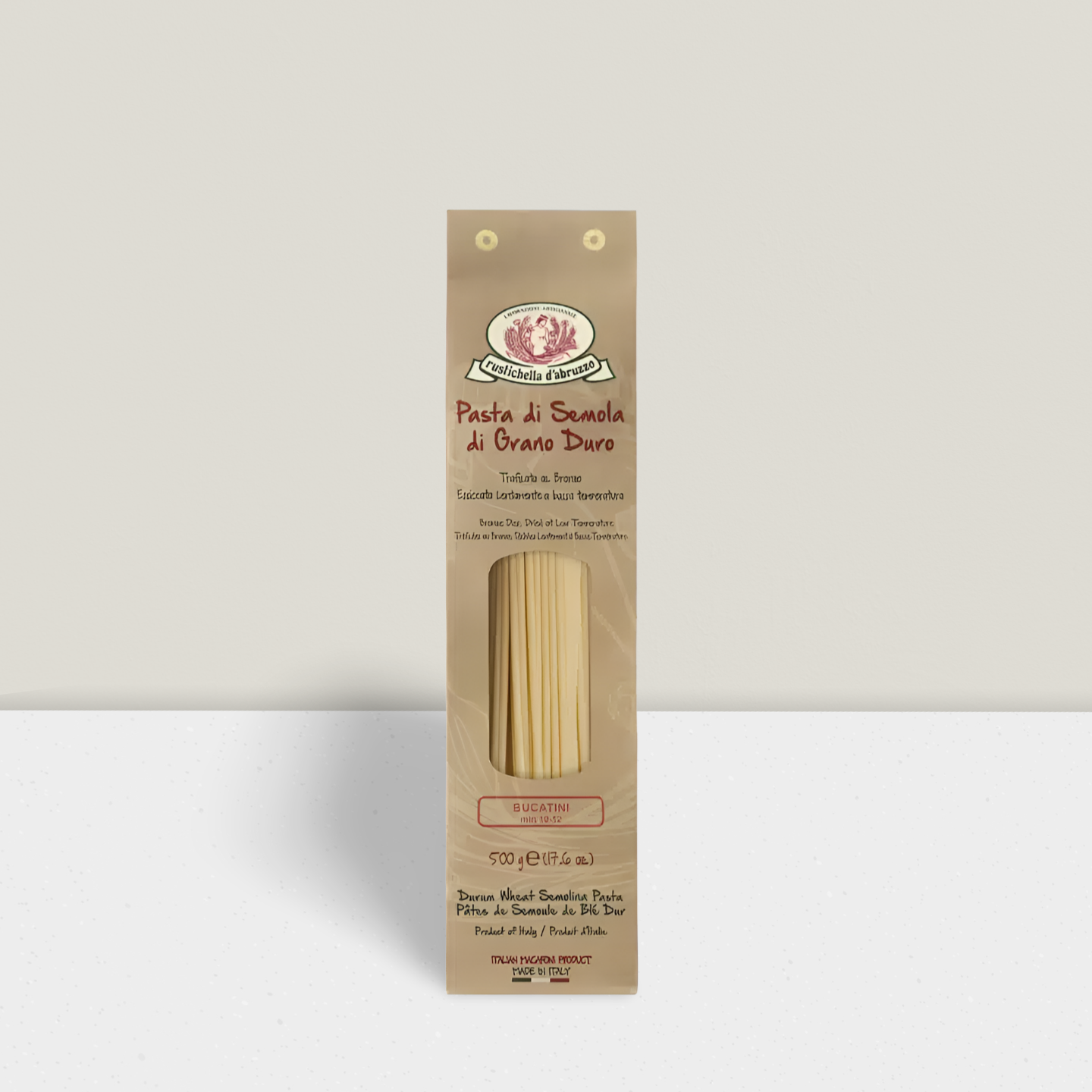 brown pack of Rustichella bucatini available from The Online Italian