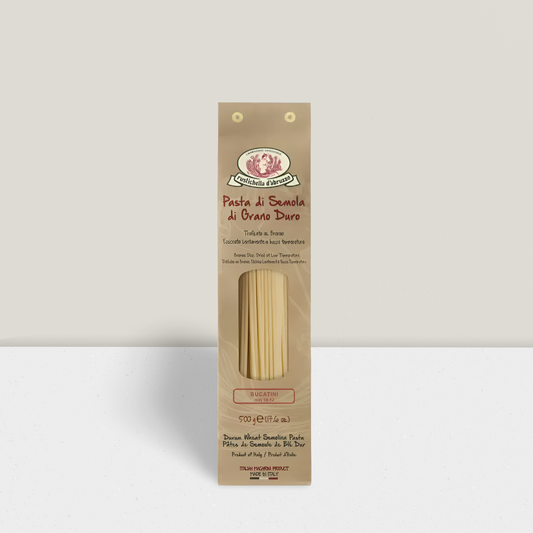 brown pack of Rustichella bucatini available from The Online Italian