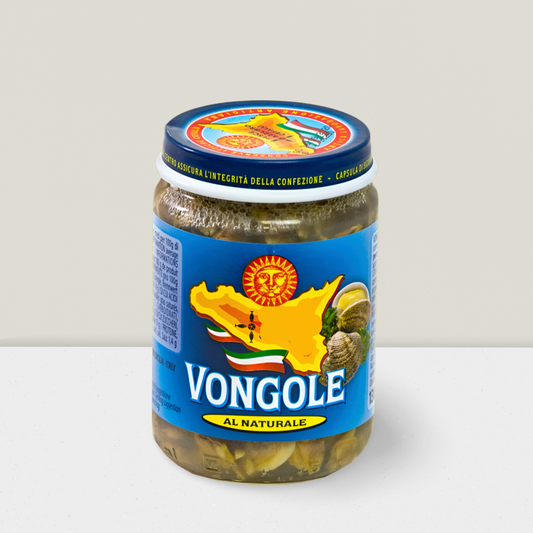 A jar of baby clams vongole without shells available from The Online Italian