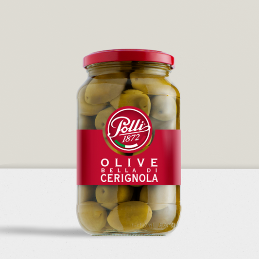 Giant green olives in a glass jar from the Polli brand