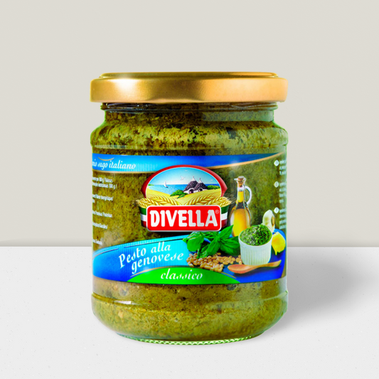Imported Italian basil pesto sauce in a glass jar