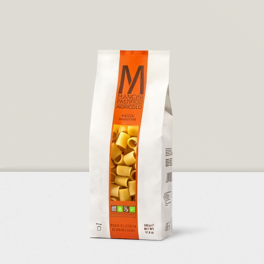 Pasta packaging with brand logo on a white background