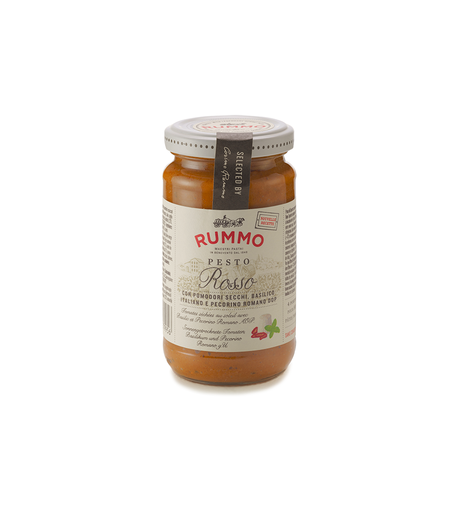 Jar of Rummo Pesto Rosso on a white background