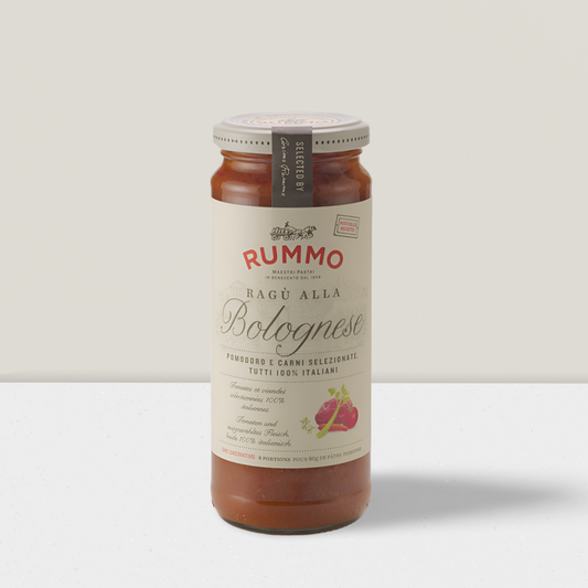 Jar of Rummo Bolognese sauce on a white background
