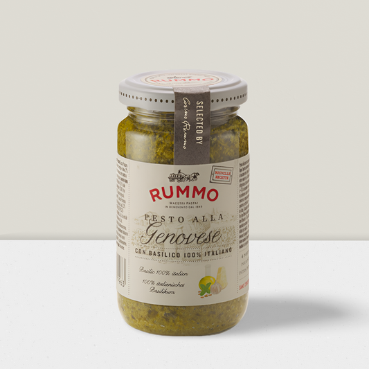 Jar of Rummo pesto alla genovese on a light gray background